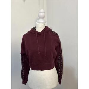 adidas Originals Cropped XS Three Stripe Hoodie Sweatshirt Maroon Leopard